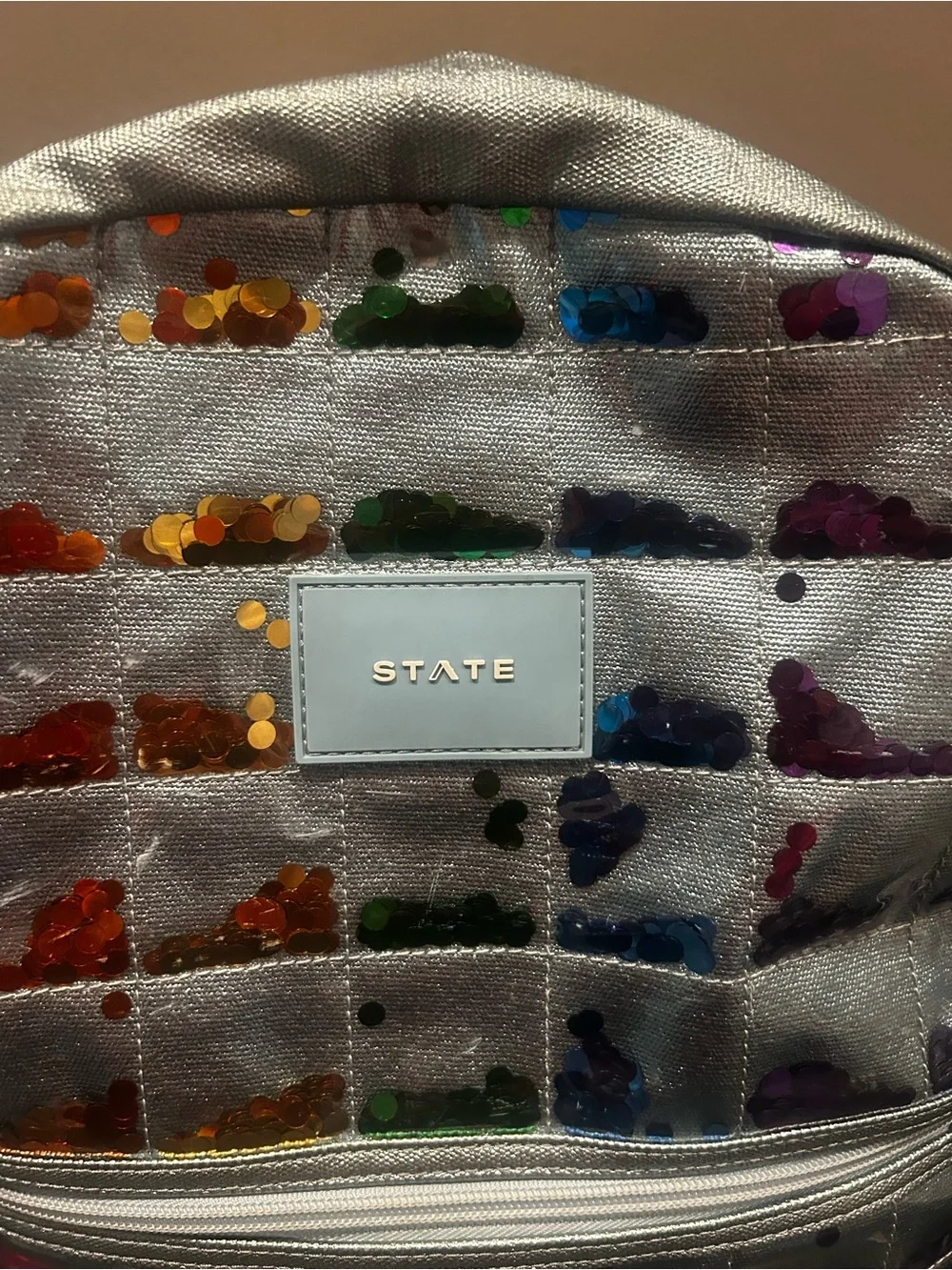 STATE KANE Double Backpack large SilverSequin Grid Backpack with Rainbow Accents